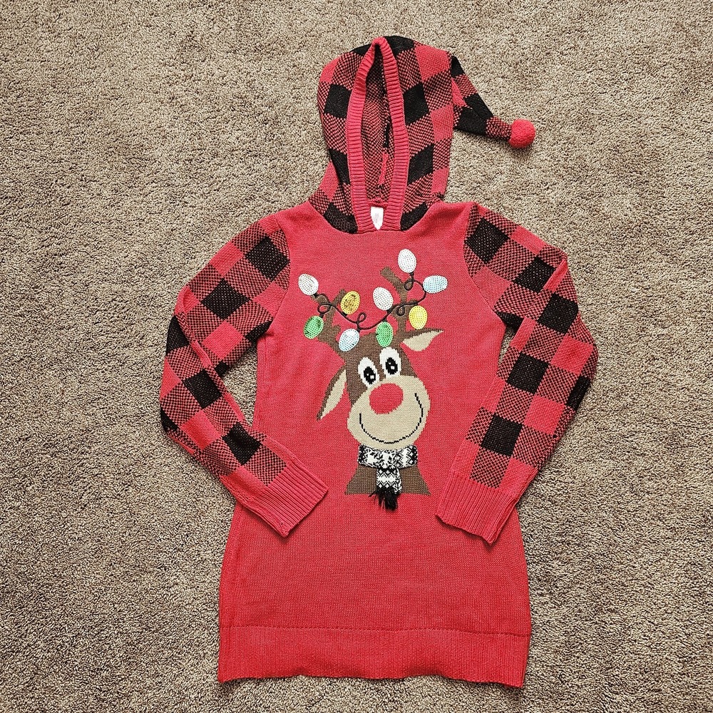 No Boundaries Ugly Christmas Sweater Hooded Rudolph The Red Nose Reindeer Sz Med